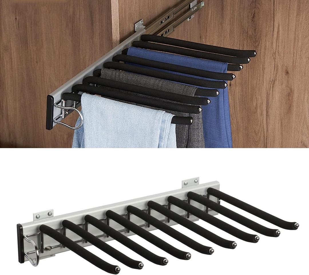mopam Pull Out Trousers Rack 9 Arms Retractable Closet Pants Hanger Side Mounted Space Saving Trouser Hanger Rack, Left Side Installation, Black