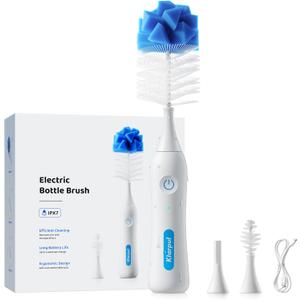 Electric Bottle Brush Cleaner, IPX7 Waterproof Baby Bottle Brush with Replaceable Nipple Cleaning Kit & Extender Rod, 2 Speed Modes, 360 Auto Cleaning, 2000mAh Battery, Rechargeable, Blue