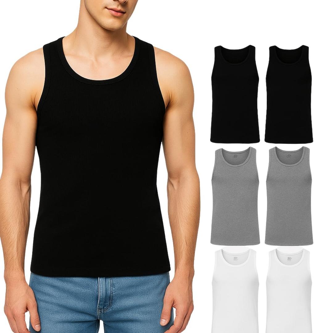Athllete Mens Athletic Fit Tank Tops 6 Pack - 100% Cotton Breathable Sleeveless Undershirts (XX-Large, 2 White + 2 Black + 2 Heather Gray  6 Pack for)
