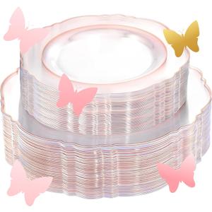 WDF 100pcs Rose Gold Plates Plastic Disposable - Baroque Clear and Rose Gold Plates for Parties or Mother's Day including 50PCS Dinner Plates 10.25 and 50PCS Salad Plates 7.5 (Clear Rose Gold)