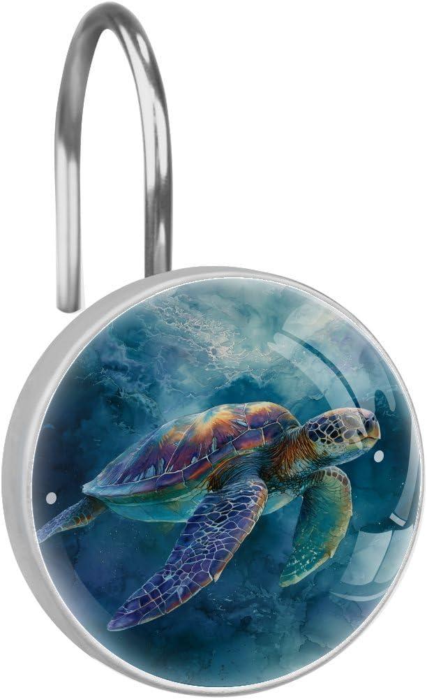 12 Pcs Sea Turtle Round Shower Curtain Hooks Stainless Steel Decorative Hanger Rings for Bathroom Kitchen Bedroom Curtain Rods