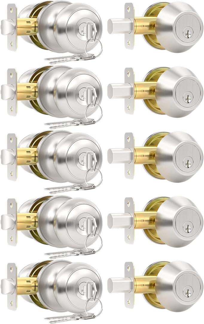 5 Pack Front Door Lock Set, Keyed Alike Exterior Door Lock Set with Deadbolt, Single Cylinder Deadbolt Lock and Entry Door Knob Set,Round Ball Brushed Nickel Door Knobs with Lock and Keys