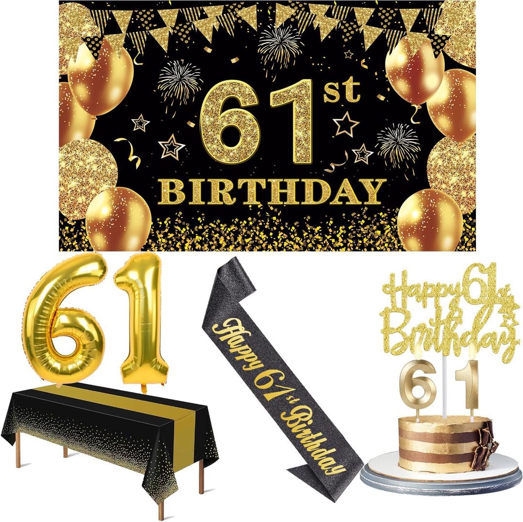 61st Birthday Decorations Men Women with 61st Birthday Banner, Black and Gold Table Cloth, Number Balloons, Large Sash, Cake Topper and Candles