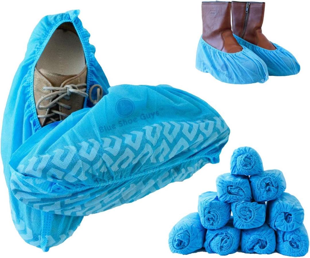 Premium Disposable Boot & Shoe Covers Booties | 100 Pack | Durable, Non-Slip, Non-Toxic, Water Resistant, Recyclable Protectors for Indoor & Outdoor | Large Size Fits Most Shoes (Blue)