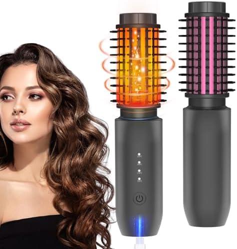 Cordless Hair Curling Iron Brush, Travel Hot Straightener Comb Curl Brush, 3-in-1 Portable Curling Iron Cordless Wand, USB Rechargeable Curling Wand-Blush(Gray)