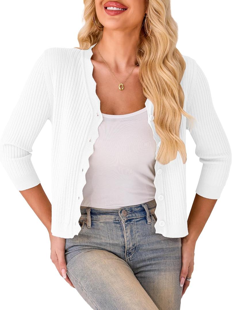 LIENRIDY Women's Cropped Cardigan Shrugs 3/4 Sleeve Button Down Ribbed Knit Sweater (X-Large, White)