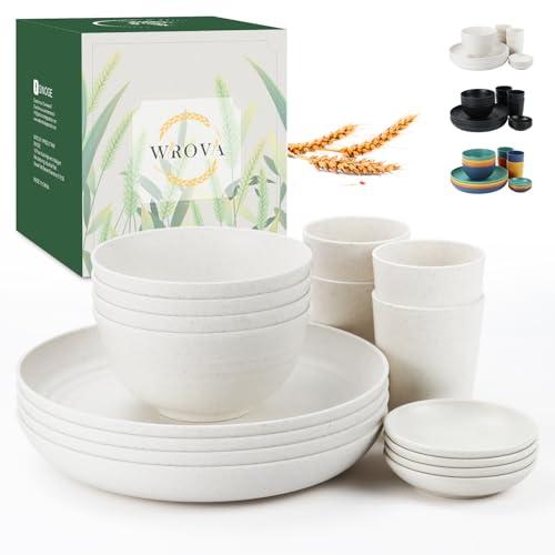 Wrova Wheat straw bowl and plate sets of 16 with cups - Unbreakable plastic dinnerware sets for kitchen - Microwave and Dishwasher safe dishes for kitchen,camping,indoors and out doors. White
