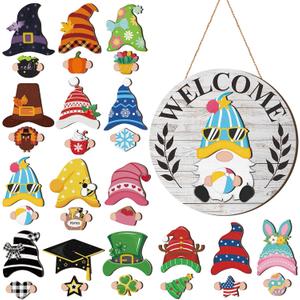 Qunclay Interchangeable Wooden Gnome Decor Holiday Seasonal Gnome Decorations with Magnet Pieces and Detachable Hats Changeable Welcome Sign for Home (Grey and White)