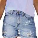 Pink Queen Women's High Waisted Denim Shorts Casual Ripped Summer Hot Short Jeans Frayed Distressed Jeans Shorts with Pockets (Blue, L)