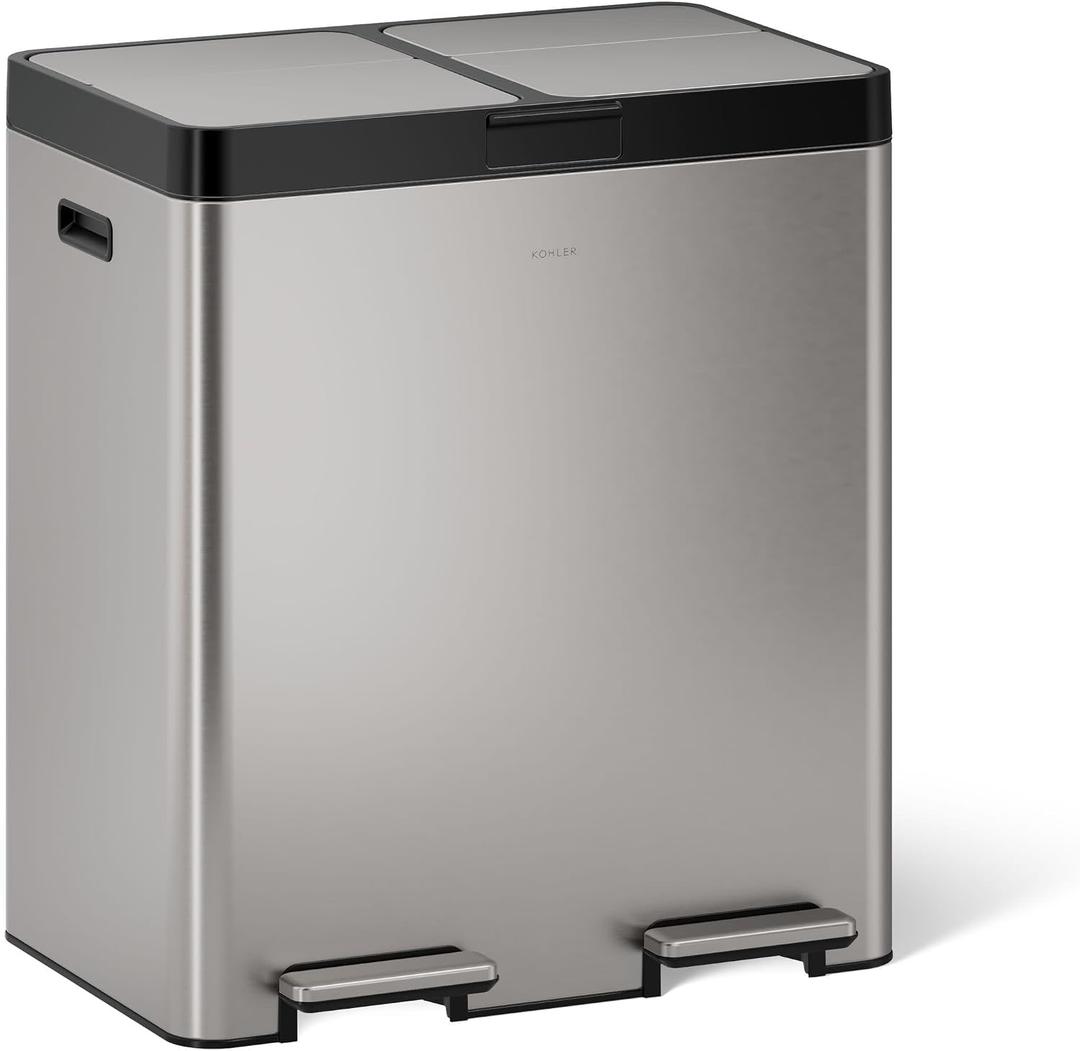 Kohler K-23828-ST 82-Liter Stainless Steel Dual-Bin Step Trash Can, Fingerprint Resistant, Soft-Close Lid, Kitchen or Office