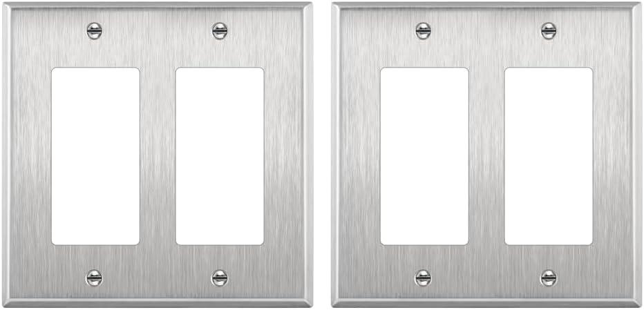 ENERLITES Decorator Switch or Receptacle Outlet Metal Wall Plate, Corrosion Resistant, Size 2-Gang 4.50" x 4.57", UL Listed, 7732, 430 Stainless Steel, Silver, 1 Count, Stainless Steel)