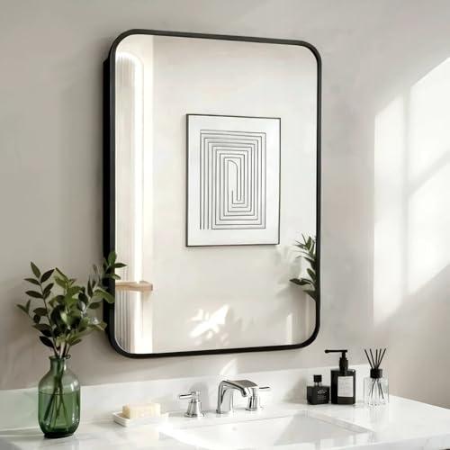 FINDCOZZIE Bathroom Medicine Cabinet with Black Metal Framed Mirror, Recessed or Wall Mount Bathroom Vanity with Storage Shelves 17.5x26 inch
