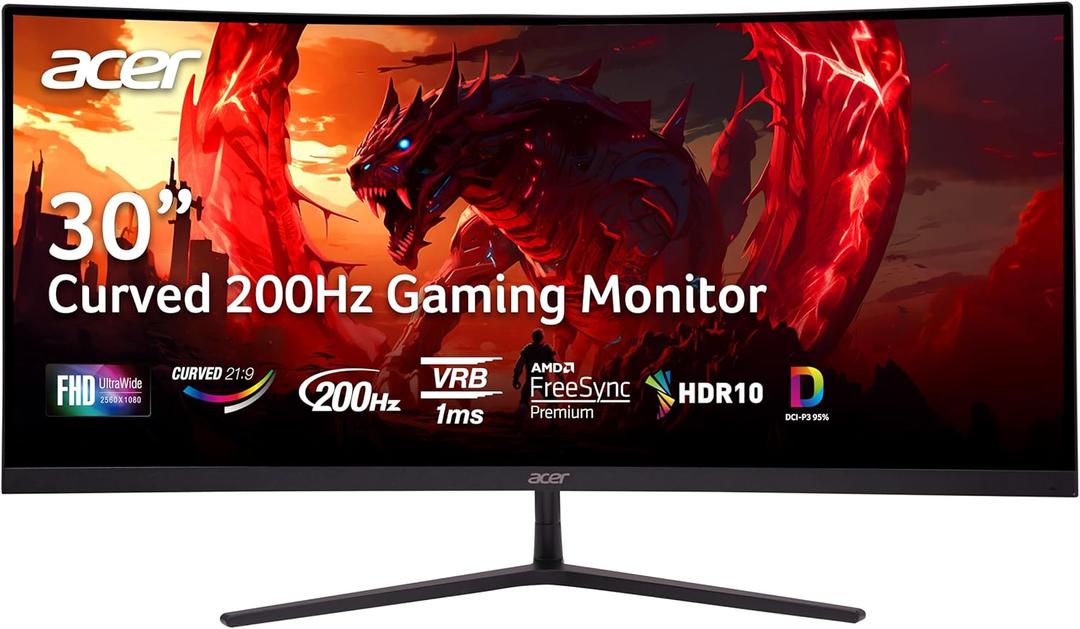 acer Nitro 29.5 Inch 1500R Curved Zero-Frame UWFHD 2560 x 1080 Gaming Monitor | AMD FreeSync Premium | Up to 200Hz | 1ms VRB | VESA Mountable | Two Display Port 1.4 & Two HDMI 2.0 | ED306C Xbmiippx