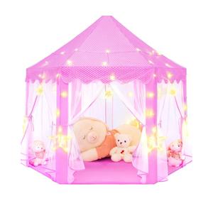 KIXINWA Pink Princess Tent for Girls, Kids Play Tent with LED Large Star Lights, Castle Playhouse Tent for Children Toddlers Indoor Outdoor Games, 55×53 Inches