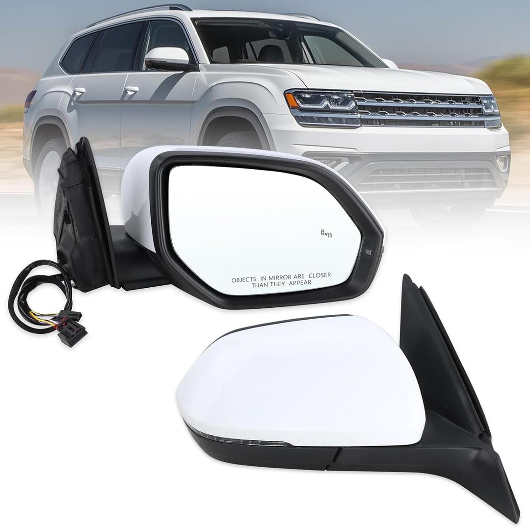 Right Passenger Side Door Mirror Compatible With 2018 2019 2020 2021 2022 2023 2024 2025 2026 VW Atlas With Manual Folding Heated Turn Signal Blind Spot White Replace#3CN857508AG9B9-PFM(6+2Pins)