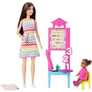 Barbie Teacher with Brunette Fashion Doll with Printed Dress, 1 Toddler Doll, & Teaching Accessories