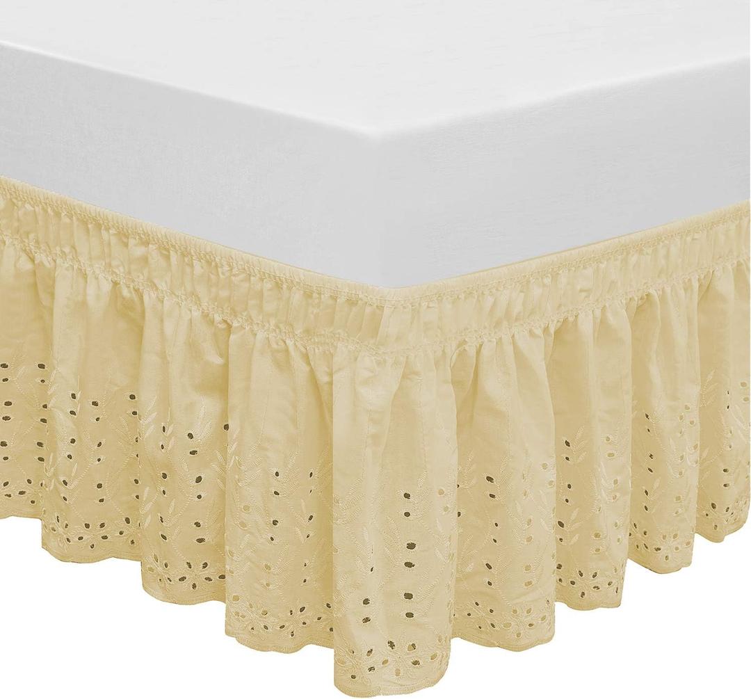 Wrap Around Elastic Eyelet Bed Skirt Dust Ruffle (Gold, Queen/King-14 1/2 Inch Drop)