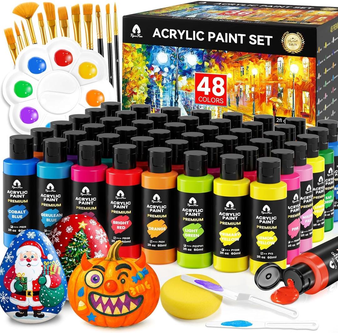 Acrylic Paint Set, 48 Colors, 2oz/60ml Bottles with 12 Brushes, 2 Knives & Palette - for Adults, Artists & Beginners - Arts and Crafts Painting Kit Gifts (Classic)