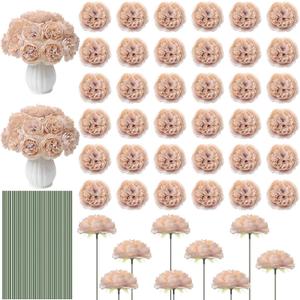 Thiccywoov 200 Pcs Flowers Long Stem Artificial Rose Bulk, 3.2 Inches Silk Rose Head Flowers Faux for Wedding Bridal Bouquet Independence Day Home Floral DIY Centerpieces Party Decoration (Nude)