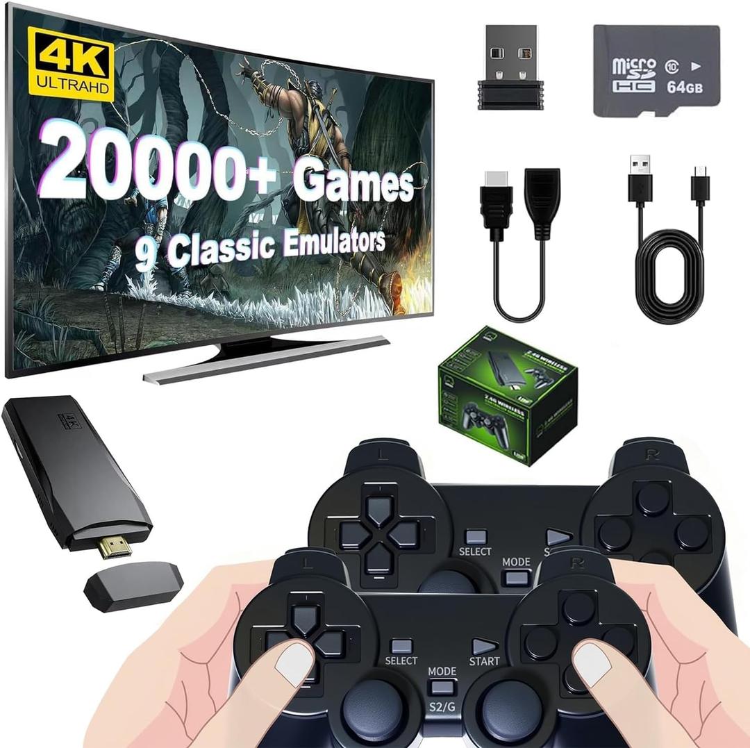 Wireless Retro Game Console, Nostalgia Stick Handheld Game Console with 20000+ Games 9 Emulators, 4K HDMI Output, 2.4g Wireless Controller Gamepad, Plug and Play Video Games for TV