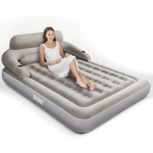 JEASONG Air Mattress with Headboard, Fast Inflation/Deflation Inflatable Airbed, 9 Inches High Blow Up Bed with Comfortable Flocked Top for Home Guest Travel Camping (Queen Grey)