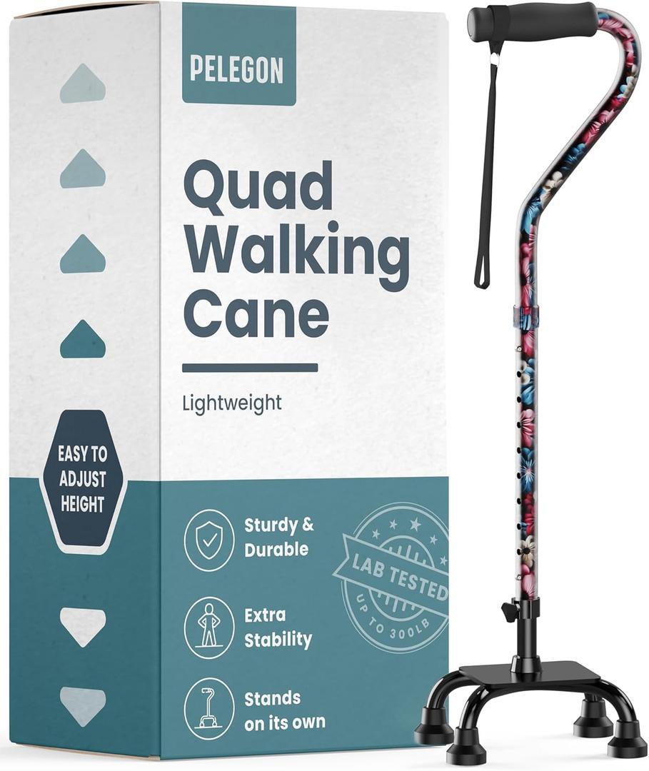 PELEGON Quad Cane (300 lb) - Adjustable Walking Cane with A Large 4 Pronged Base for Extra Balance & Stability, Walking Canes for Seniors, Walking Cane for Men & Women, Walking Sticks (Flowers)