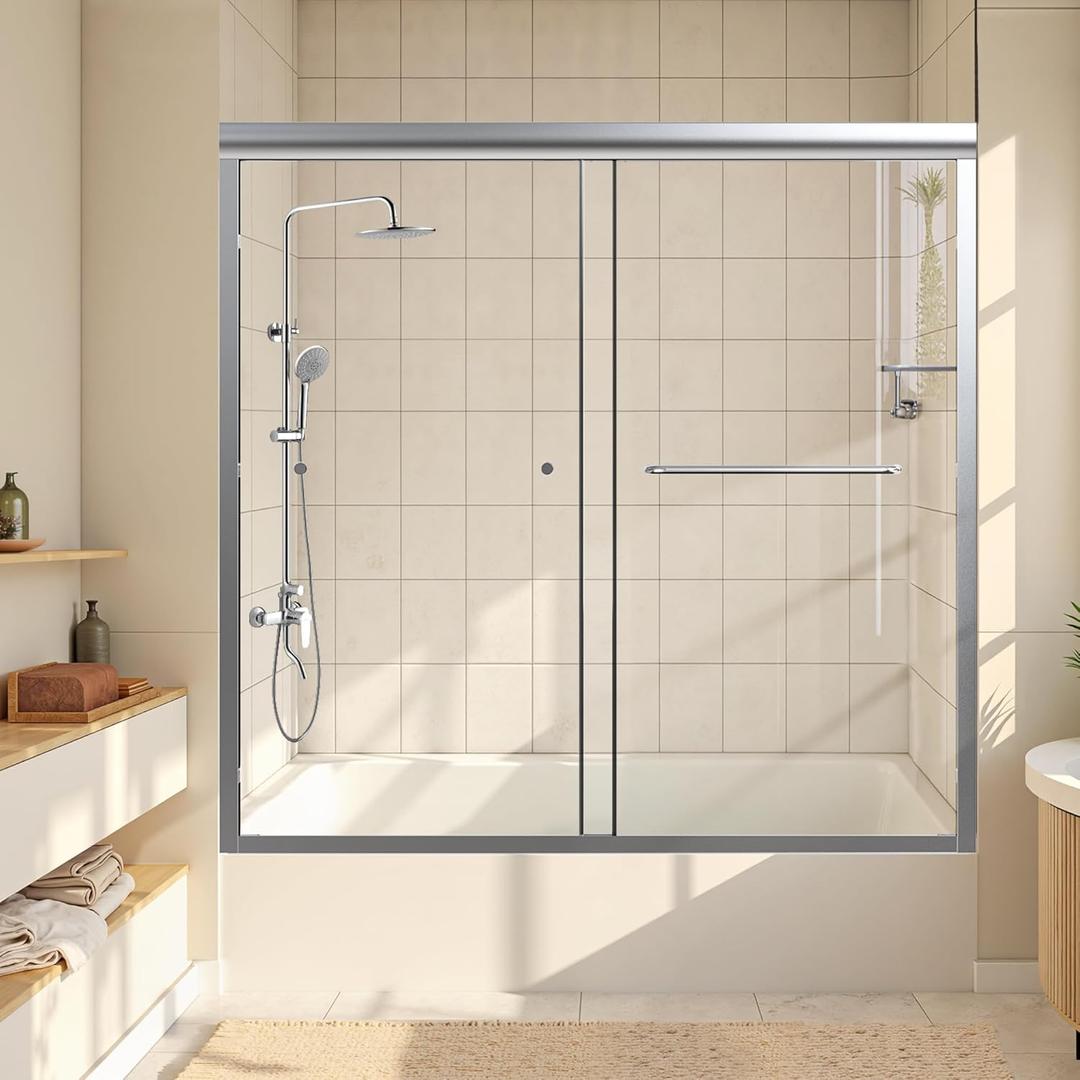 Bathtub Shower Door 56-60" W x 58" H Semi-Frameless Shower Doors for Bath Tub Glass Shower Door with 1/4" (6mm) Clear Tempered Glass for Bathroom, Silver