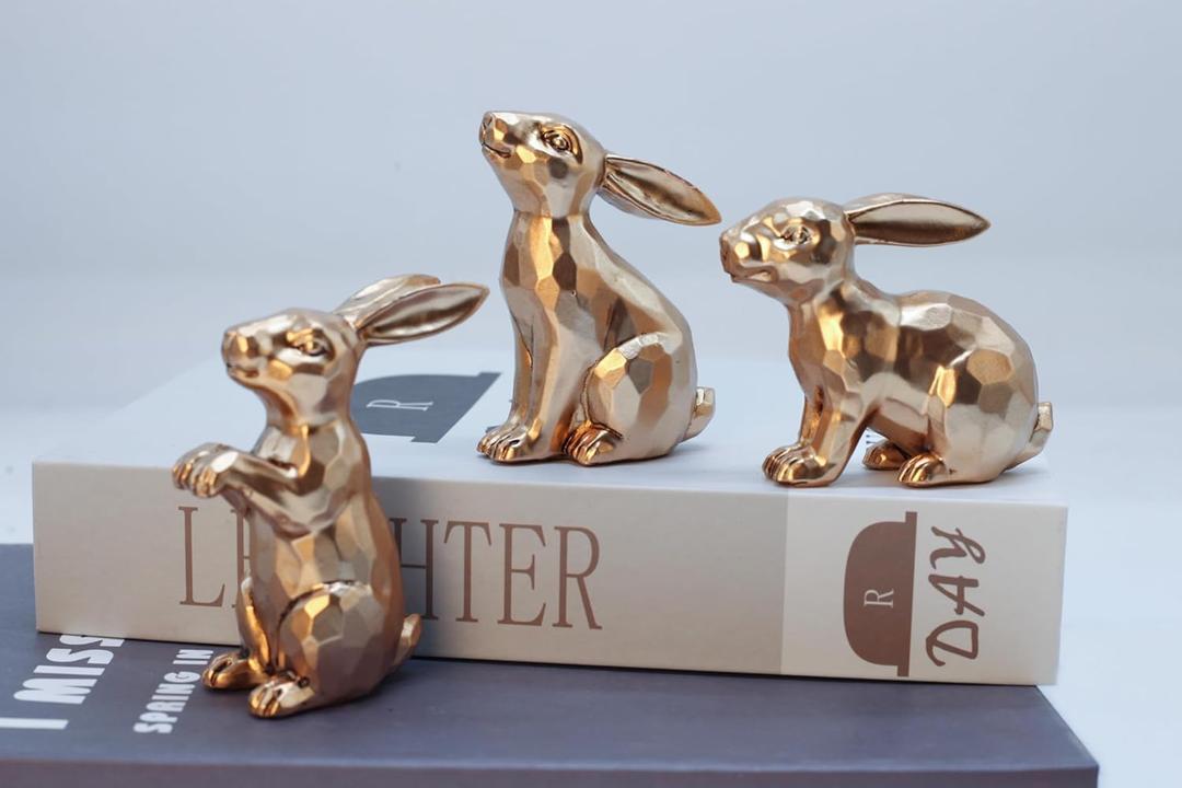 JORAE Gold Bunny Statues Easter Rabbit Figurines Set of 3 Vintage Rabbit Statues Animal Home Dcor Office Table Ornament, Champagne Gold, 4" H, Polyresin