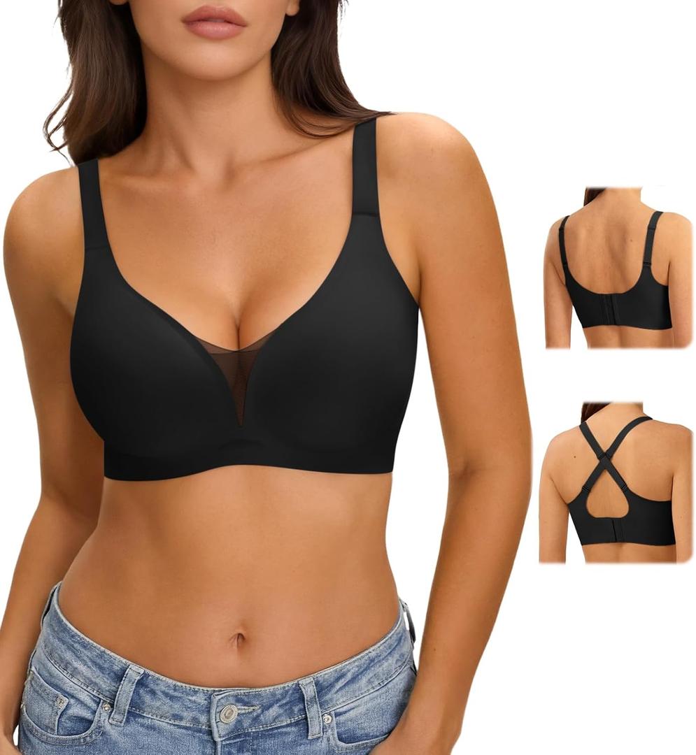 LUCKMEEY Jelly Bras for Women No Underwire V Mesh Push Up Bralette with W-Shape Support, Wireless Seamless Bra (U/Cross) (Black, XXL)