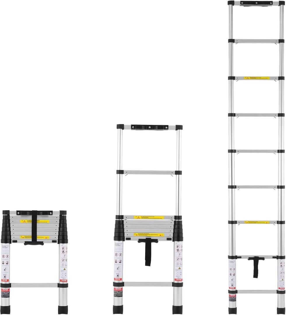VEVOR Telescoping Ladder, 8.5FT Aluminum Lightweight Extension Ladder, One-Button Retraction Collapsible Ladder, 375 LBS Capacity with Non-Slip Feet, Portable Compact Ladders for Home, RV, Loft
