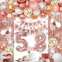 58th Rose Gold Birthday Party Decorations for Women, Rose Gold Happy Birthday Banner, Fringe Curtains, Heart Foil Balloons, Confetti Balloons, Cake Topper for 58th Birthday Decorations