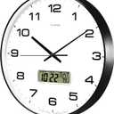 TIMESS Wall Clock, 14" Large Dial Non-Ticking Silent Battery Operated Analog with LCD Display for Perpetual Calendar and F° Temperature, Ideal Modern Home, Bedroom, Office Decor (Black)