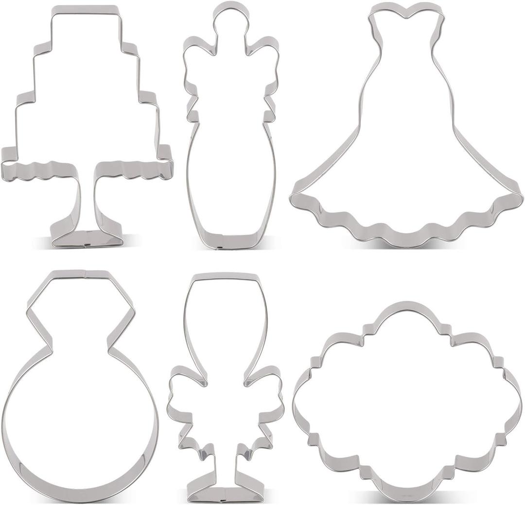 LILIAO Wedding Cookie Cutter Set for Anniversary/Bridal/Engagement - 6 Piece - Diamond Ring, Wedding Dress, Cake, Plaque, Champagne with Ribbon and Champagne Glass with Ribbon - Stainless Steel