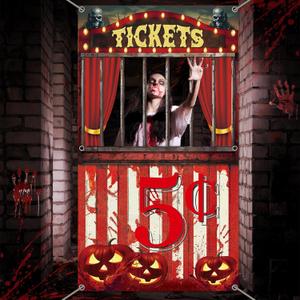 Halloween Creepy Carnival Photo Prop Selfie Frame Party Decorations Bloody Circus Backdrop Banner Carnival Ticket Photo Booth Props Background for Halloween Indoor Outdoor Party Supplies 62 x 35''