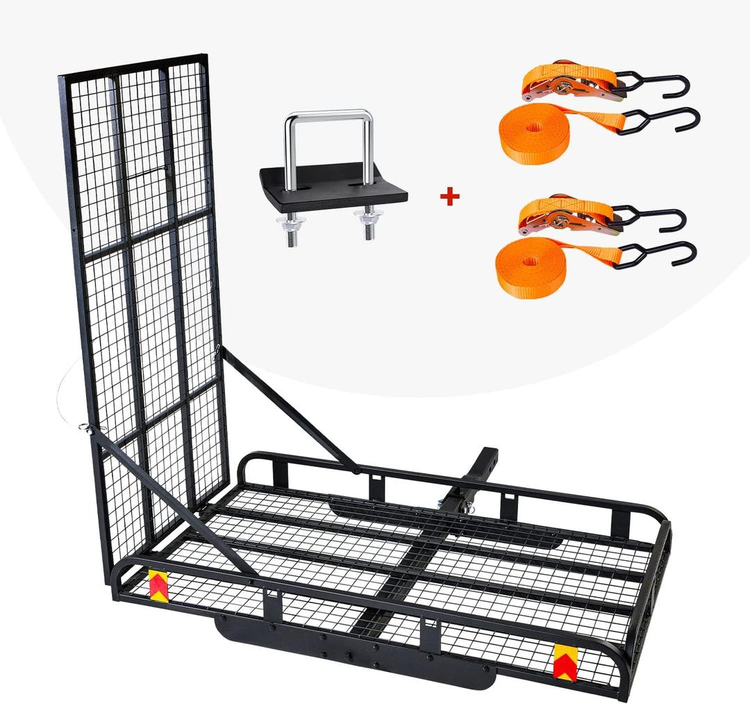 Hitch Mount Steel Cargo Carrier Basket with 49'' Folding Wheelchair Ramp, Fits 2'' Trailer Mounted Hitches