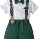 Volunboy Baby Boy Formal Short Set Toddler Summer Gentleman Outfit Kid Short Sleeve Bowtie Shirt Suspender Shorts Suit (12-18 Months, Greenpolka)