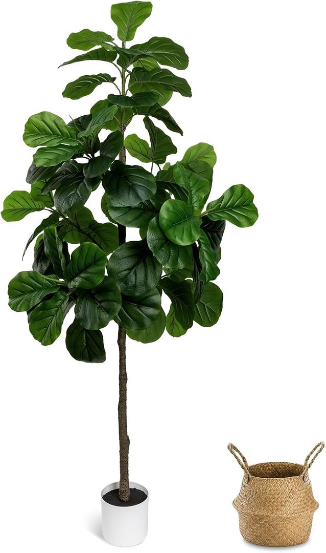 Artificial Fiddle Leaf Fig Tree 6FT - Large Fake Tree with White Planter&Basket, Tall Faux Ficus Lyrata Tree Floor Plants for Indoor Home Decor Office Living Room Housewarming Gift, 1Pack