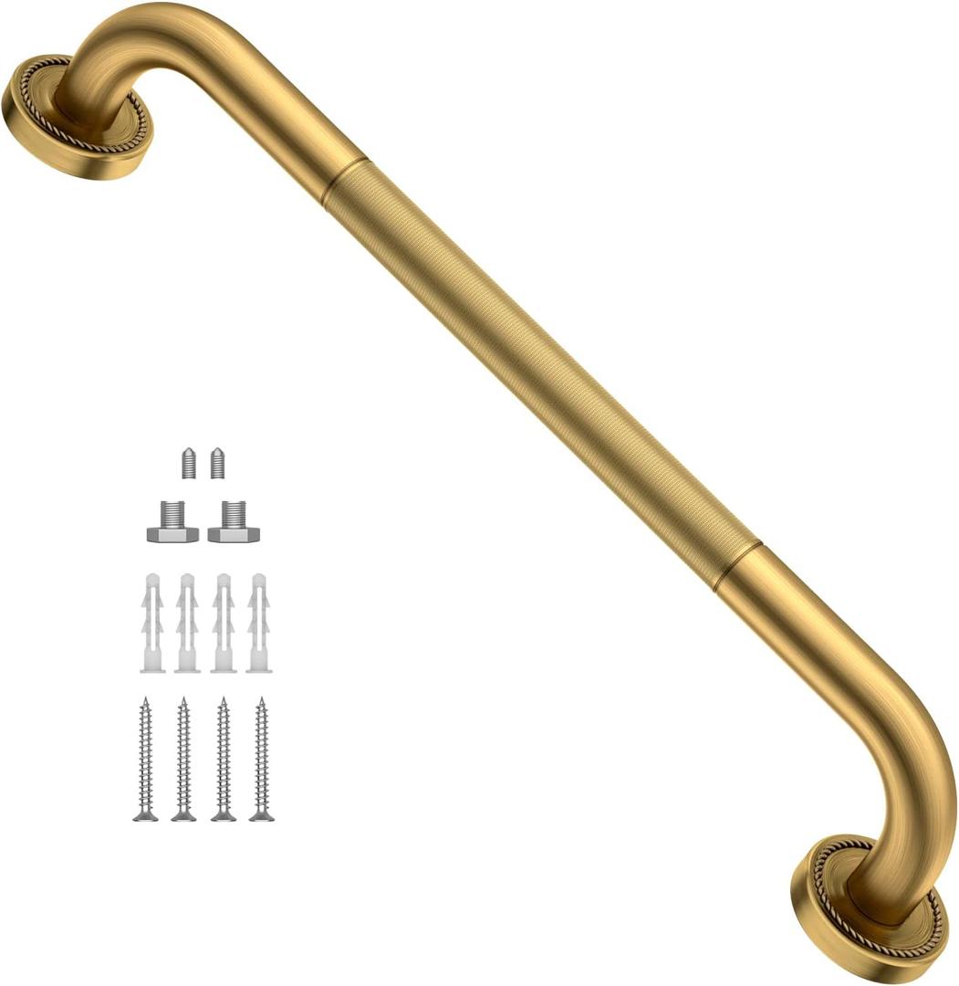 20 Inch Anti Slip Bronze Shower Grab Bar Polished Gold,ZUEXT Antique Brass Bathroom Grab Bar, Knurled Bathroom Balance Bar, Safety Hand Rail Support Handicap Elderly Injury Senior Assist Bath Handle (20IN-1P)