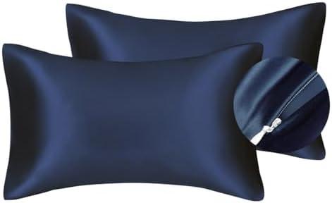 Juwenin Bedding,Luxury Satin Pillowcase with Zipper (Silky Satin Pillow Case for Hair) Set of 2 (NavyBlue, King (20''x36')