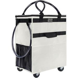 Reusable Grocery Bag On Wheels Shopping Trolley with 8 Pockets and Zipper Cover Foldable Rolling Tote, Heavy Duty Handles, Carries Up to 66 LBS (Large, Beige)
