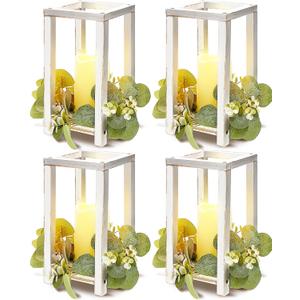 Huquary 8 Pcs Wooden Wedding Lantern Centerpiece for Table Decoration Includes 4 Farmhouse Candle Holder and 4 Flameless Decorative LED Candles for Rustic Home Wedding Decor(White)