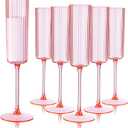 Ciaell 24 Pack Pink Plastic Champagne Flutes - 6oz Ribbed Disposable Champagne Glasses - Pink Vintage Mimosa Glasses with Long Stem, Elegant & Lightweight for Weddings and Party