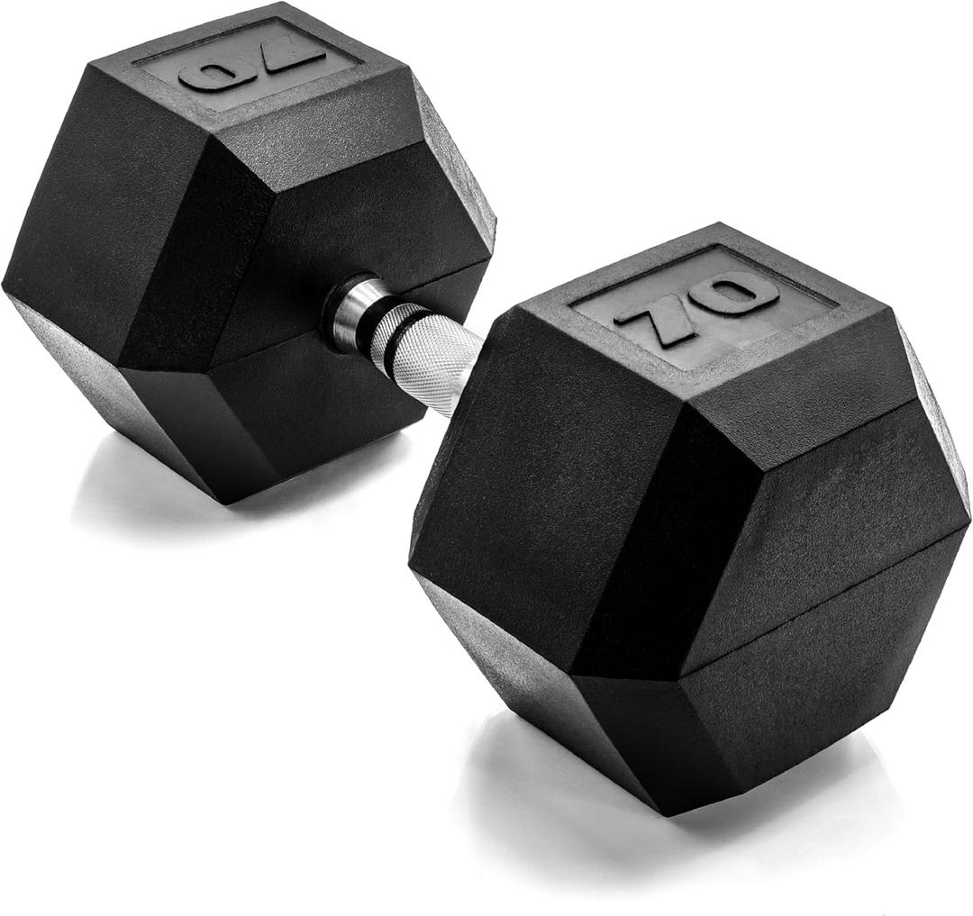 CAP Barbell 70 LB Rubber Coated Hex Dumbbell Hand Weight - Single | Chrome Handle
