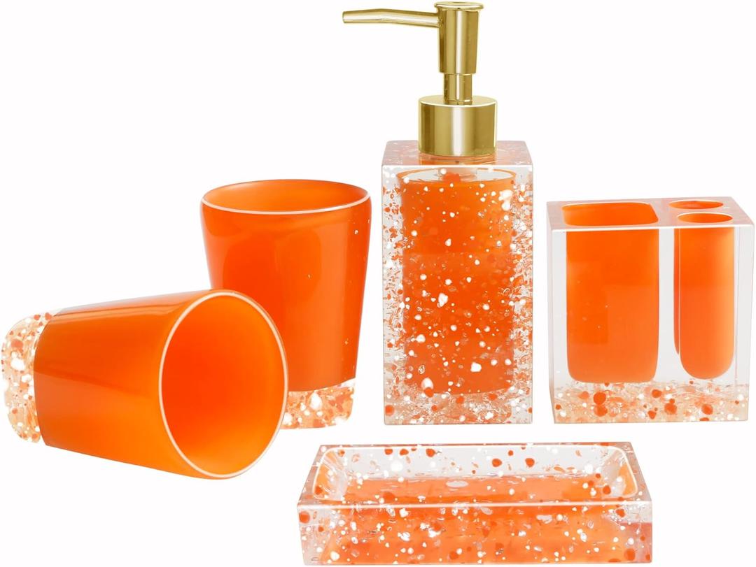 LUANT 5-Piece Resin Bathroom Accessory Set with Soap Dish, Dispenser, Toothbrush Holder and Tumbler, Orange