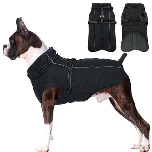 Lelepet Dog Coat for Large Dogs Waterproof Dog Jacket with Harness Built in Reflective Fleece Jacket with Zip Warm Winter Coats for Dogs Cold Weather Thermal Pet Snowsuit, Border Collie, Black, XL