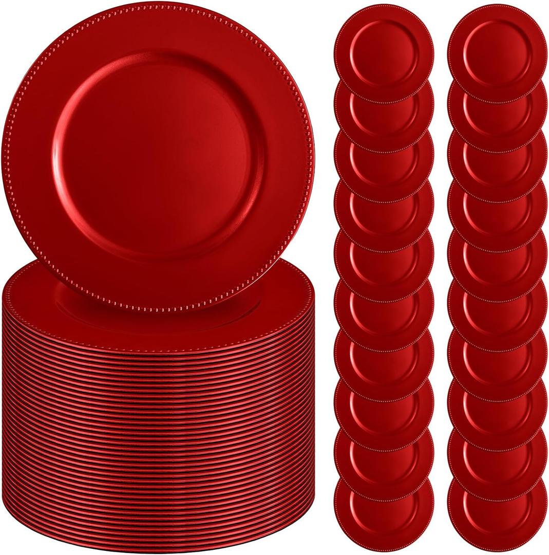50 Pcs Red Charger Plates 13" Round Charger Plates Bulk Beaded Chargers for Dinner Plate Decorative Red Plastic Chargers Plate for Wedding Party Event Baby Bridal Shower Table Decoration