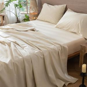 MooMee Flat Top Sheet Only 100% Washed Cotton Linen Like Textured Breathable Durable Soft Comfy (Almond Milk Grey, Queen)