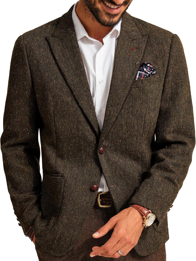 PJ PAUL JONES Mens Blazer Vintage Herringbone Tweed Blazer Two Button Wool Blend Sport Coat with Pocket Square (X-Large, Brown)