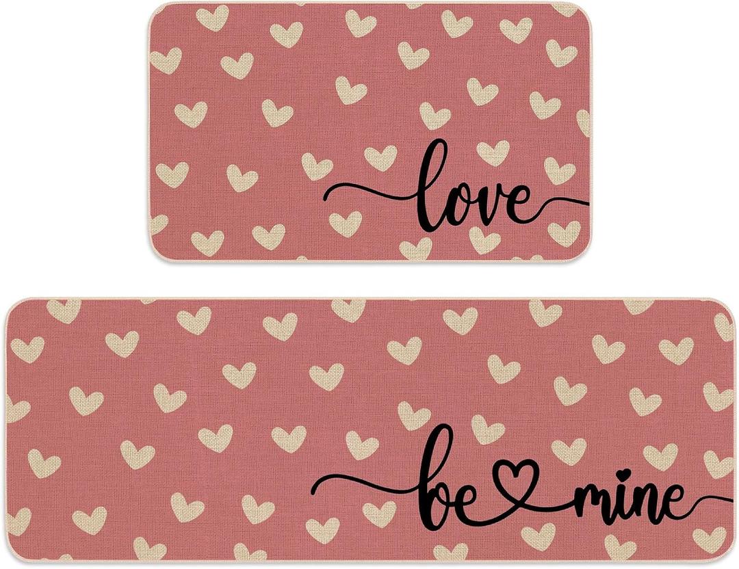 JarThenaAMCS 2 Pcs Pink Love Heart Valentine's Day Kitchen Mat White Heart Kitchen Rug Non Slip Rectangle Doormat Floor Mat for Home Entrance Porch Decoration,17 x 29 and 17 x 47 Inch