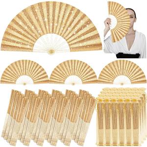 10 Pack Glitter Large Rave Fans Bulk, Folding Handheld Organza Bag, Chinese Tai Chi Kung Fu Fan Gifts for Festivals Rainbow Outfits Edm Wedding Performance Dancing Party(Gold)